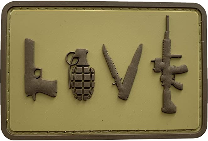 LOVE - Pistol Grenade Knife Rifle PVC Patch, Velcro backed Badge. Great for attaching to your field gear, jackets, shirts, pants, jeans, hats or even create your own patch board.  Size: 7.5x5cm