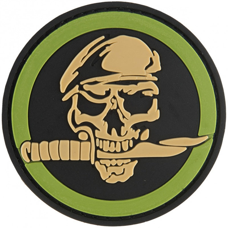 Skull & Knife PVC Patch, Velcro backed Badge. Great for attaching to your field gear, jackets, shirts, pants, jeans, hats or even create your own patch board.  Size: 6cm