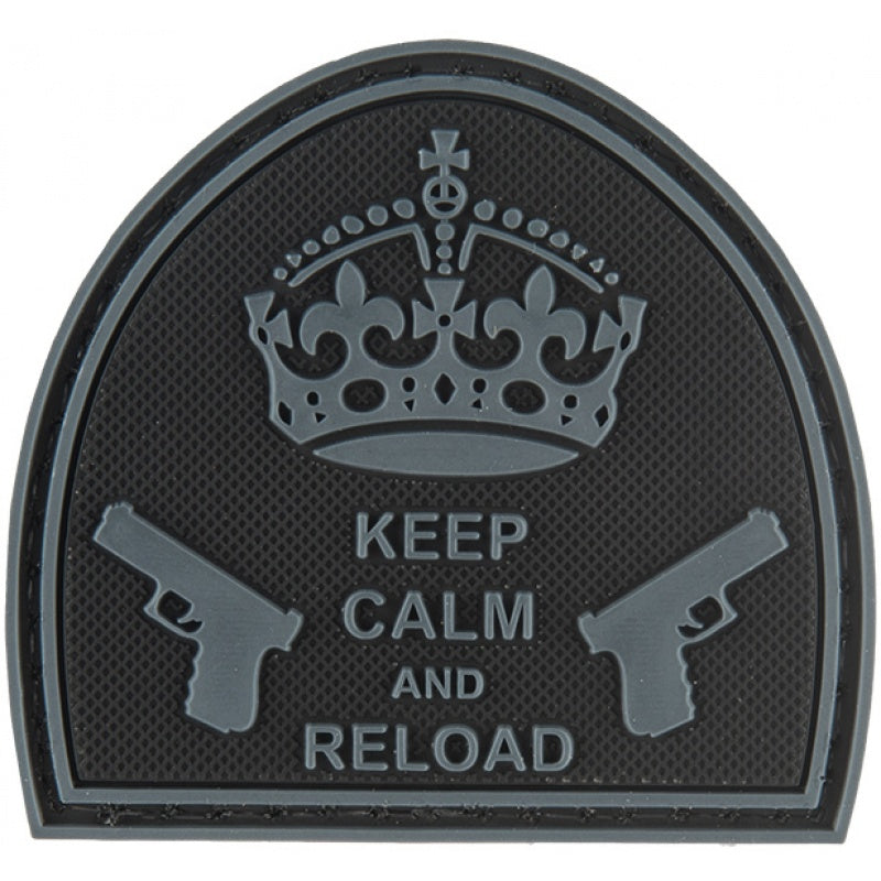 Keep Calm and Reload Carved Background PVC Patch Black, Velcro backed Badge. Great for attaching to your field gear, jackets, shirts, pants, jeans, hats or even create your own patch board.  Size: 5.5X5cm