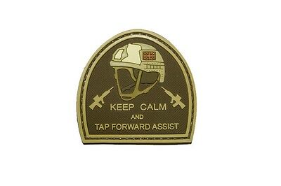 Keep Calm and Tap Forward Assist Carved Background PVC Patch Coyote Tan, Velcro backed Badge. Great for attaching to your field gear, jackets, shirts, pants, jeans, hats or even create your own patch board.  Size: 5cm