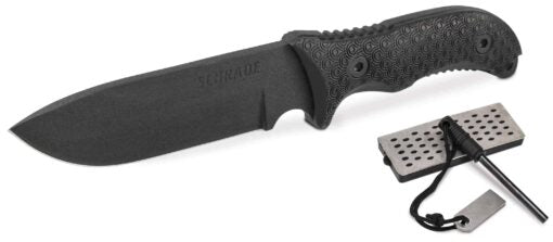 Schrade Frontier Full Tang Fixed Blade Knife, Powder Coated 1095 High Carbon Steel Drop Point Blade with Finger Choil, Ring Textured TPE Handle with Spine and Grip Jimping, Lanyard Hole, Black Polyester Belt Sheath with Ferro Rod and Sharpening Stone.