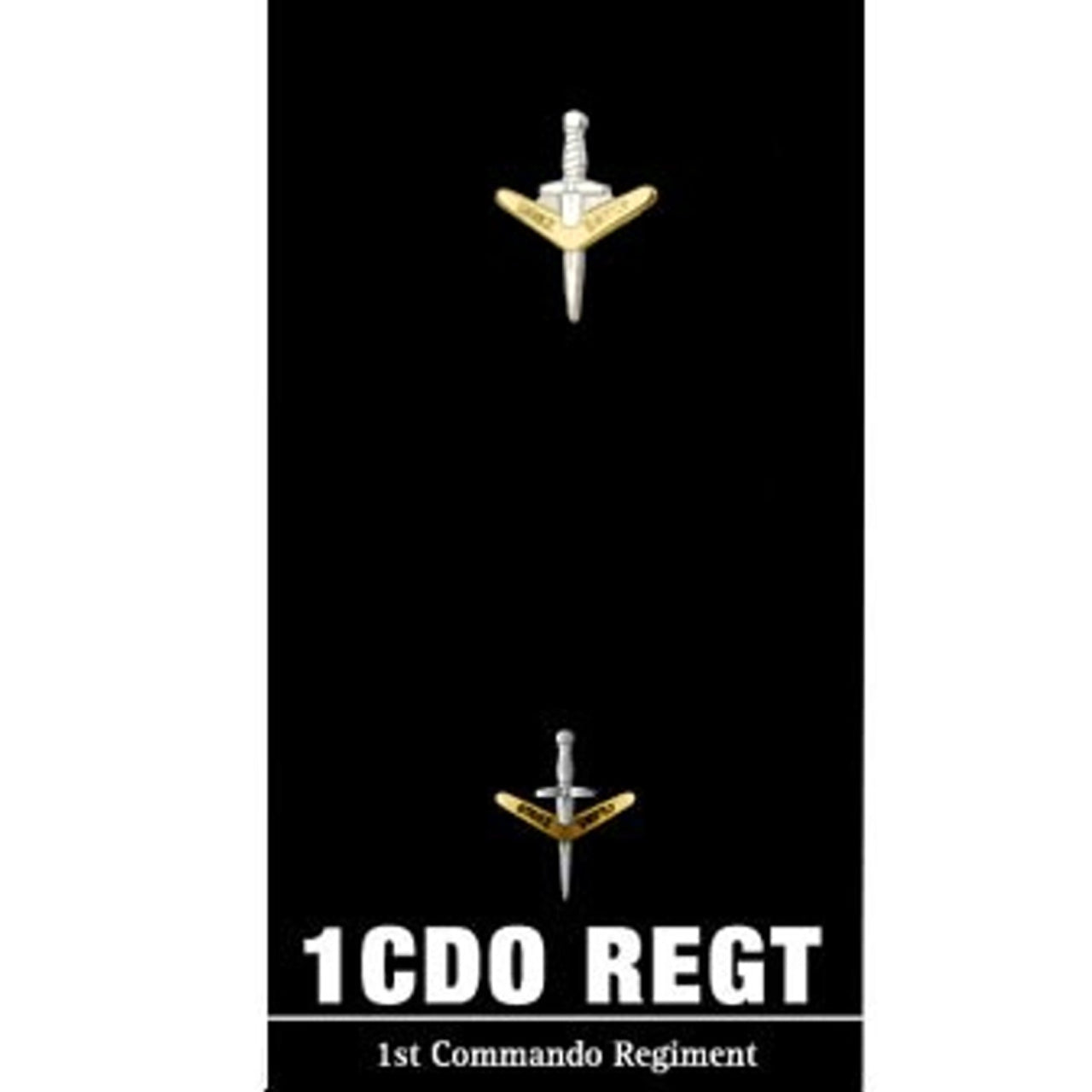 The stunning 1st Commando Regiment (1 CDO REGT) 20mm lapel pin. This beautiful pin is perfect for your jacket and a wonderful addition to any collection.  Specifications:  Material: Plated zinc-alloy Colour: Gold, silver Size: 20mm www.moralepatches.com.au