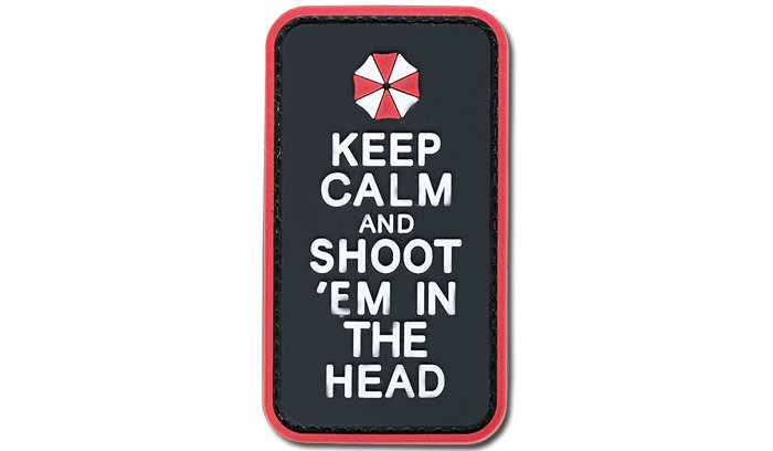 Keep Calm and Shoot 'Em in the Head PVC Patch, Velcro backed Badge. Great for attaching to your field gear, jackets, shirts, pants, jeans, hats or even create your own patch board.  Size: 9x5cm