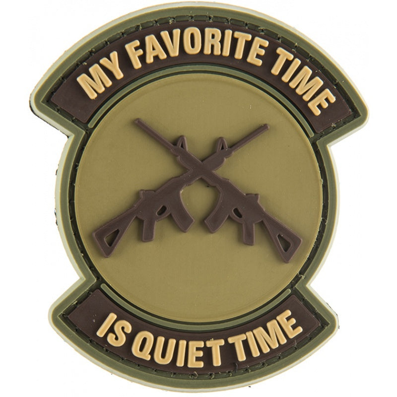 My Favorite Time is Quiet Time  PVC Patch, Velcro backed Badge. Great for attaching to your field gear, jackets, shirts, pants, jeans, hats or even create your own patch board.  Size: 7x6cm