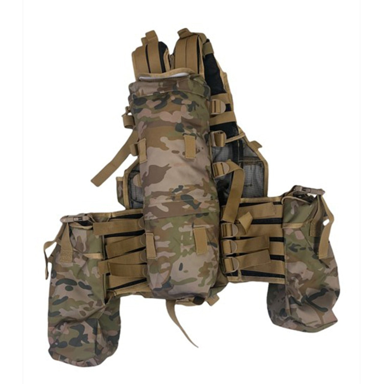 Based on the South African Military Vest  Fully adjustable shoulders  Multiple pockets  Hydration bladder pouch  Multiple ammunition pouches  Heavy duty 900D coats PU fabric