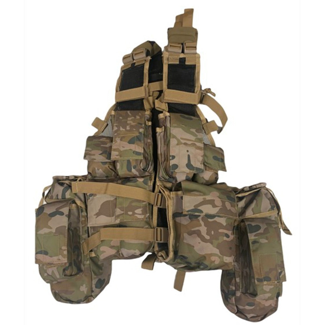 Based on the South African Military Vest  Fully adjustable shoulders  Multiple pockets  Hydration bladder pouch  Multiple ammunition pouches  Heavy duty 900D coats PU fabric