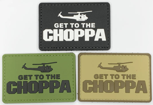Get to the Choppa PVC Patch, Velcro backed Badge. Great for attaching to your field gear, jackets, shirts, pants, jeans, hats or even create your own patch board.  Size: 7.5x5cm
