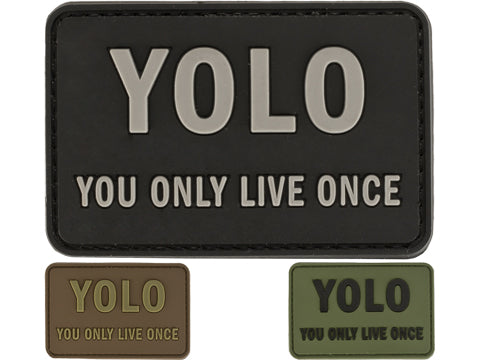 YOU ONLY LIVE ONCE PVC Patch, Velcro backed Badge. Great for attaching to your field gear, jackets, shirts, pants, jeans, hats or even create your own patch board.  Size: 7.5x5cm