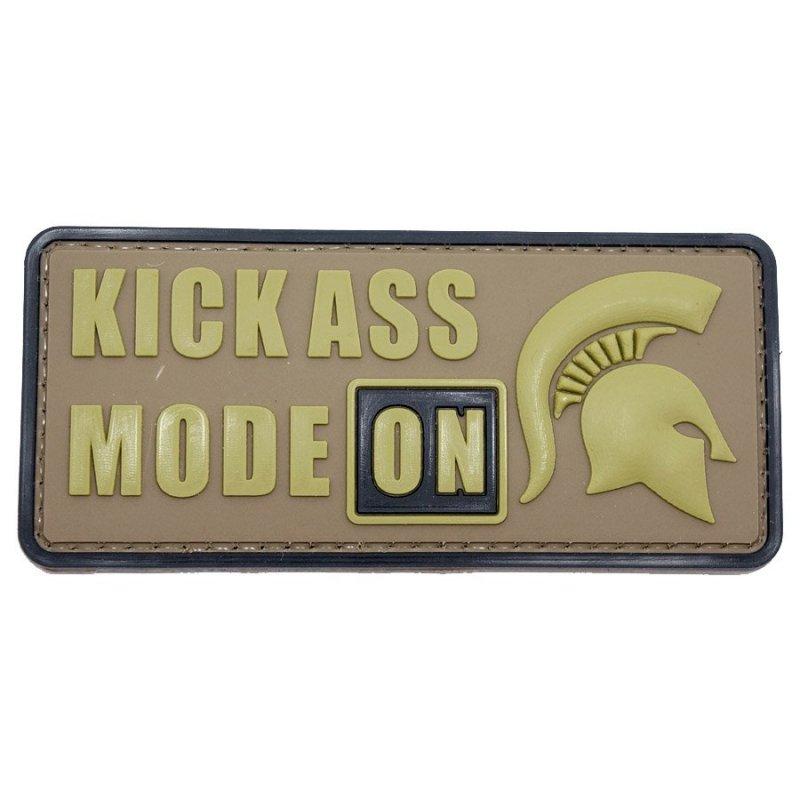 Kick Ass, Mode ON PVC Patch, Velcro backed Badge. Great for attaching to your field gear, jackets, shirts, pants, jeans, hats or even create your own patch board.  Size: 10x4.5cm