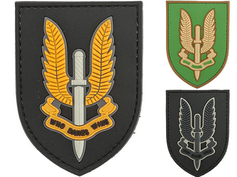 Special Air Service SUS, Who Dares Wins PVC Patch, Velcro backed Badge. Great for attaching to your field gear, jackets, shirts, pants, jeans, hats or even create your own patch board.  Size: 7.5x5.2cm