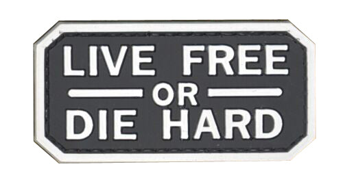 Live Free or Die Hard PVC Patch, Velcro backed Badge. Great for attaching to your field gear, jackets, shirts, pants, jeans, hats or even create your own patch board.  Size: 6.5x3.2cm