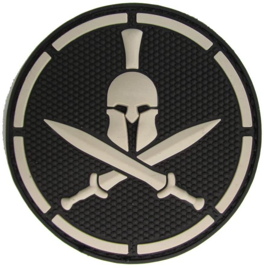 Spartan Helmet Crossed Swords PVC Patch, Velcro backed Badge. Great for attaching to your field gear, jackets, shirts, pants, jeans, hats or even create your own patch board.  Size: 6cm