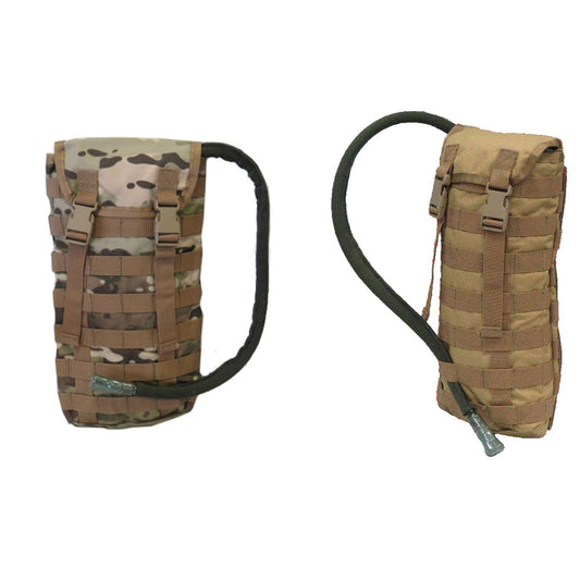 Fully adjustable MOLLE and PALS back fittings  Bonus 2L wide mouth EVA bladder with neoprene hose cover  Heavy duty 900D 2 coats PU fabric  Nylon buckle closure  MOLLE front  Can be used as a hydration pouch or large pouch  Dimensions: 37 x 16 x 6cm www.moralepatches.com.au