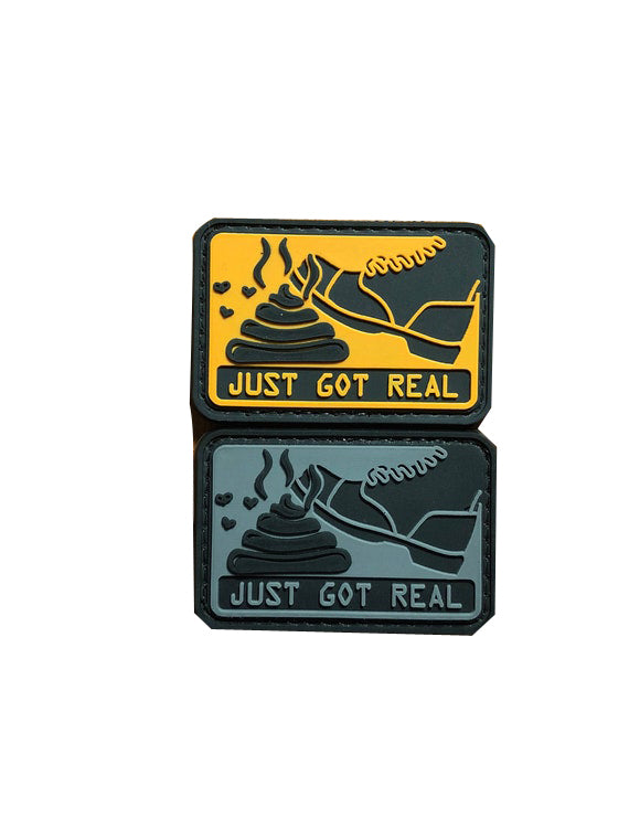 Shit Just Got Real PVC Patch, Velcro backed Badge. Great for attaching to your field gear, jackets, shirts, pants, jeans, hats or even create your own patch board.  Size: 5.6x3.8cm