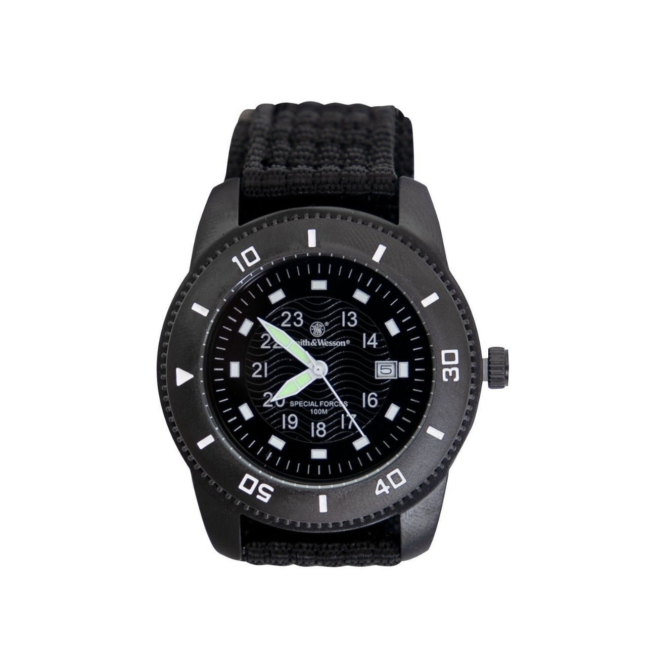 The Smith & Wesson Commando Watch is water resistant up to 3 ATM/ 30 meters/ 99 ft.  Water Resistant Up To 3 ATM/ 30 Meters/ 99 Ft Precision Quartz Japanese Movement Black Face With Date Bezel Rotates Counter Clockwise Adjustable Nylon Wrist Band www.moralepatches.com.au