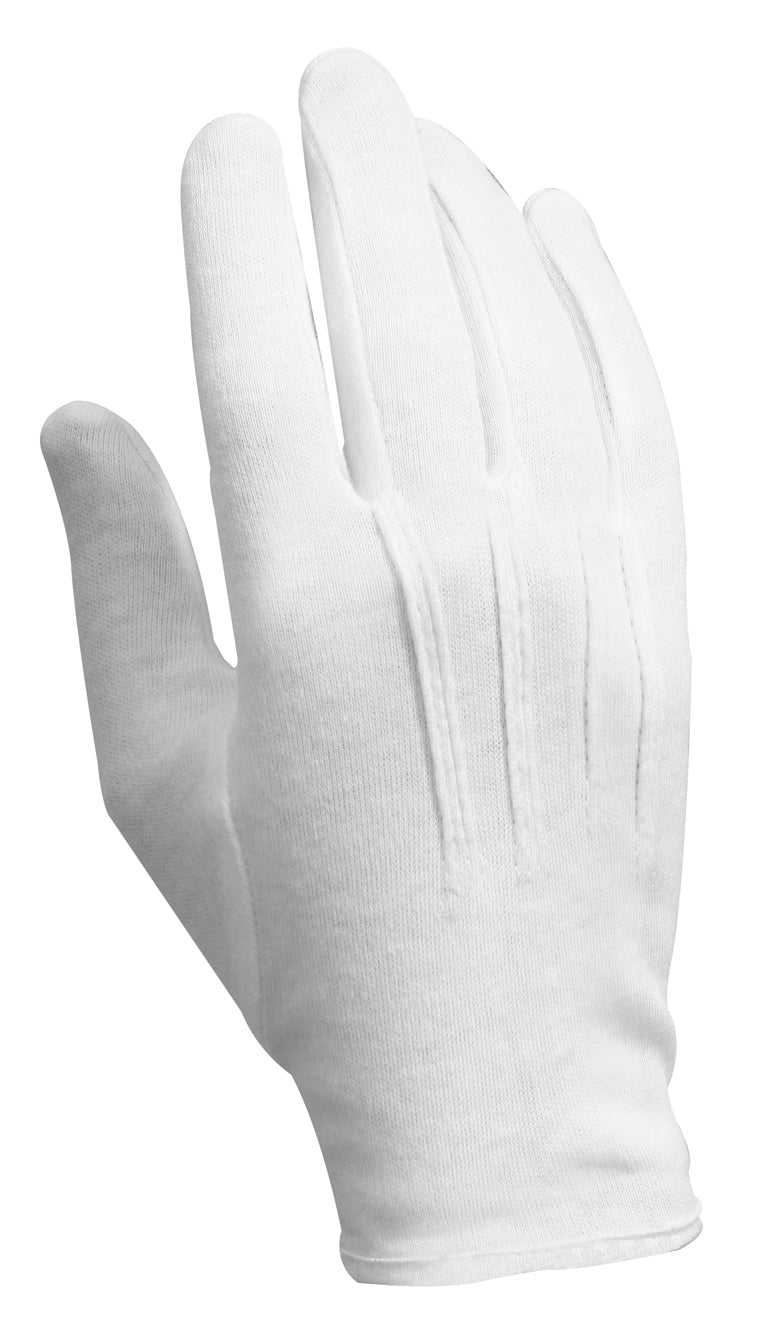 Rothco's Parade Gloves are the perfect complement to any uniform.  The Parade Gloves Are Made From A Breathable, Comfortable And Soft 100% Cotton Material Fourchette Stitching On Back Of Hand And Set In Thumb 3 Point Back Snap Closure On Wrist Ideal For Use With Military Uniforms, Police And Firefighter Uniforms For Formal Formal Dress Events And Parades Lettering Sizing Ensures You Find The Perfect Fit