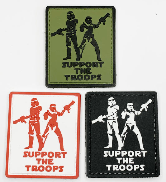 Support The Troops PVC Patch, Velcro backed Badge. Great for attaching to your field gear, jackets, shirts, pants, jeans, hats or even create your own patch board.  Size: 6x5cm