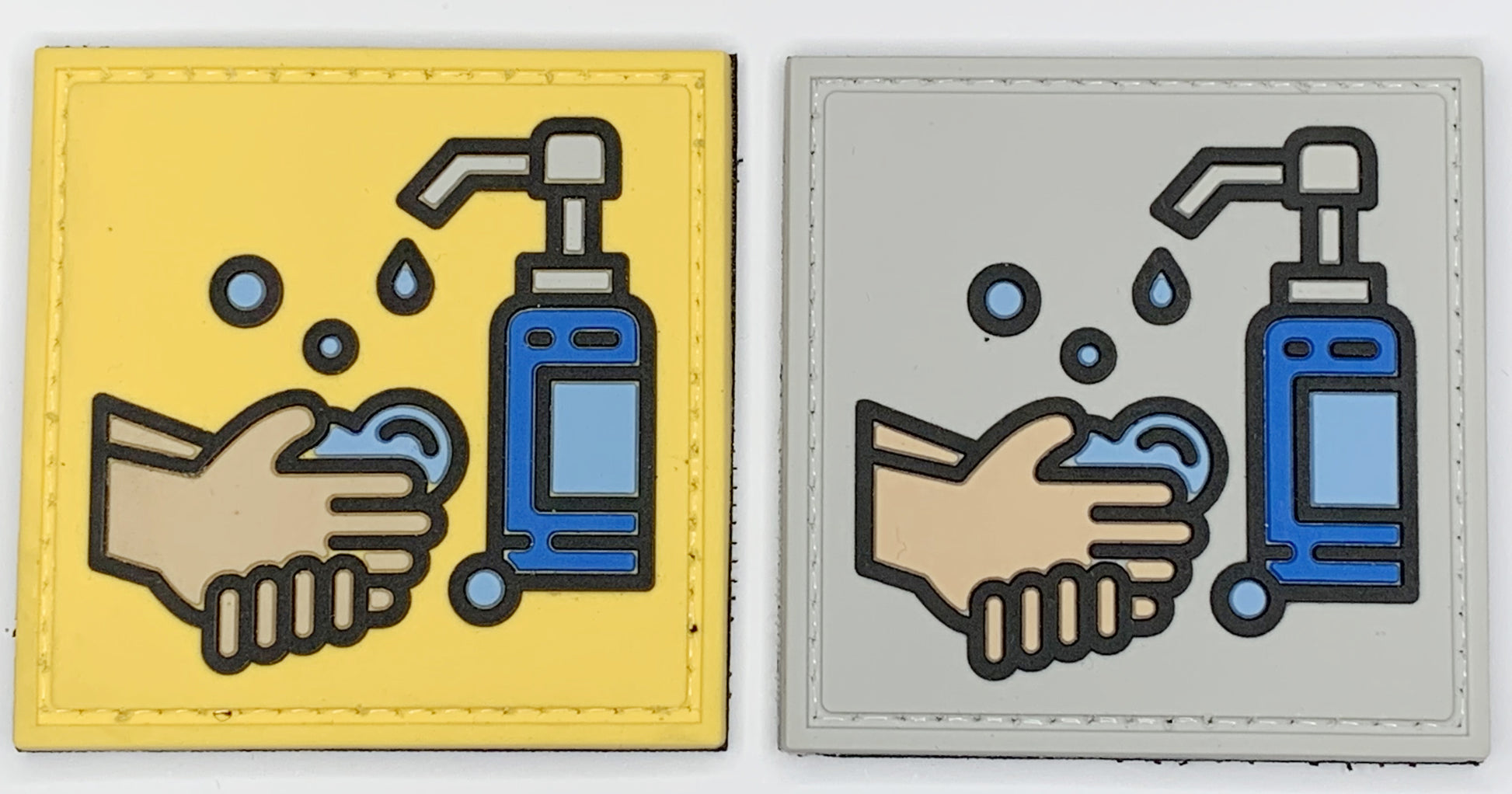 Wash Your Hands with Hand Sanitizer PVC Patch, Velcro backed Badge. Great for attaching to your field gear, jackets, shirts, pants, jeans, hats or even create your own patch board.  Size: 6x6cm