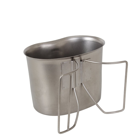 Stainless Steel Canteen Cup Has A Capacity Of 24oz. Army Canteen Cup Fits Under All One Quart Plastic Canteens Canteen Container Features A Butterfly Handle That Can Extend Out 2 3/4" And Has A 3 1/8” Hand Opening To Ensure A Sturdy Hold G.I. Canteen Cup Measures: Top- 5 1/4” X 3 1/4”; Bottom- 4 1/2” X 2 7/8”; Height- 3 3/4” Perfect For Any Outdoor Situation The Perfect Cooking Cup To Take Out Bush For Cadets