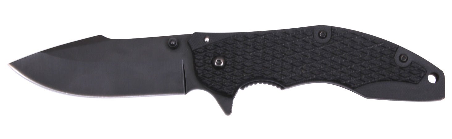 Rothco’s Assisted Opening Folding Knife features 420A stainless steel blade and a lightweight and rugged G10 handle. The stainless steel blade measures 3 1/8” while the knife measures 7 3/4” overall. The tactical folding knife also features a 2.5” pocket clip, a finger groove in the handle, and a 3mm drop point blade. Rothco's assisted opening knife opens with ease, so it will always be ready as fast as you are.