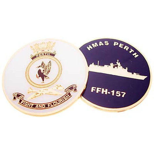 HMAS Perth medallion. This spectacular 48mm full colour enamel medallion with the ships crest on the front and ships profile on the revers, will start conversations wherever you show it or hand it out. www.moralepatches.com.au