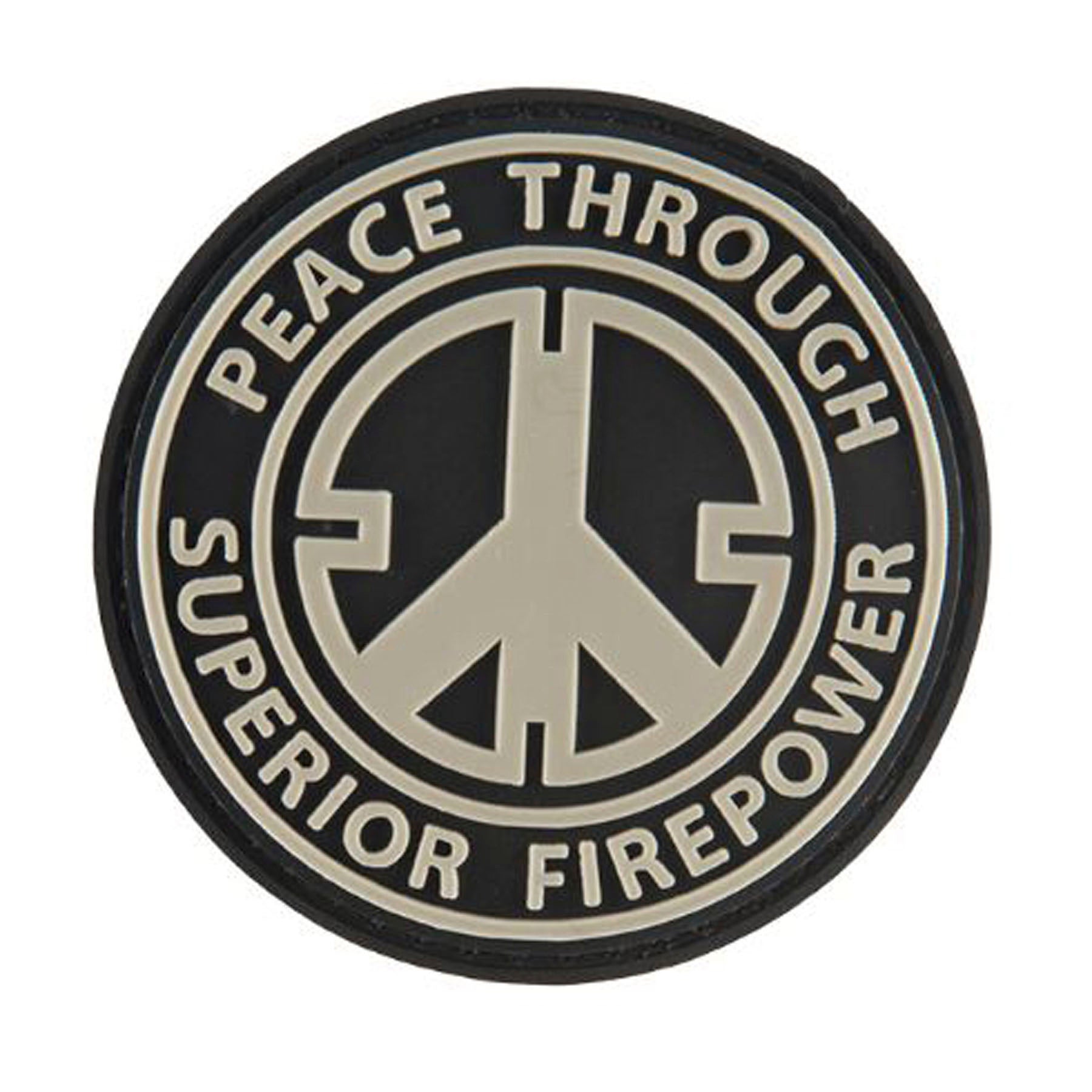 Peace Through Superior Firepower PVC Patch Black, Velcro backed Badge. Great for attaching to your field gear, jackets, shirts, pants, jeans, hats or even create your own patch board.  Size: 6cm