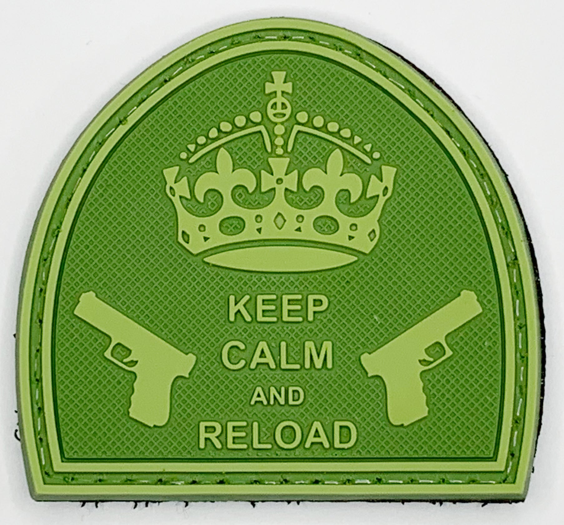 Keep Calm and Reload Carved Background PVC Patch OD Green, Velcro backed Badge. Great for attaching to your field gear, jackets, shirts, pants, jeans, hats or even create your own patch board.  Size: 5.5X5cm