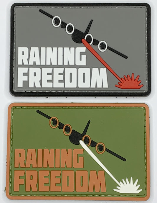 Raining Freedom PVC Patch, Velcro backed Badge. Great for attaching to your field gear, jackets, shirts, pants, jeans, hats or even create your own patch board.  Size: 7.5x5cm