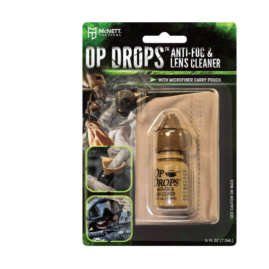 McNett Tactical OP Drops offer superior anti-fog protection and lens cleaning system to improve optical performances.   Anti-Fog And Lens Cleaning System .25 Oz Lens Cleaning Solution Can Be Used On Sunglasses, Goggles, Scopes, And Much More! Micronet Microfiber Cleaning Cloth Lint-Free Carry Pouch Attaches To OP Drop Cap Alcohol Free