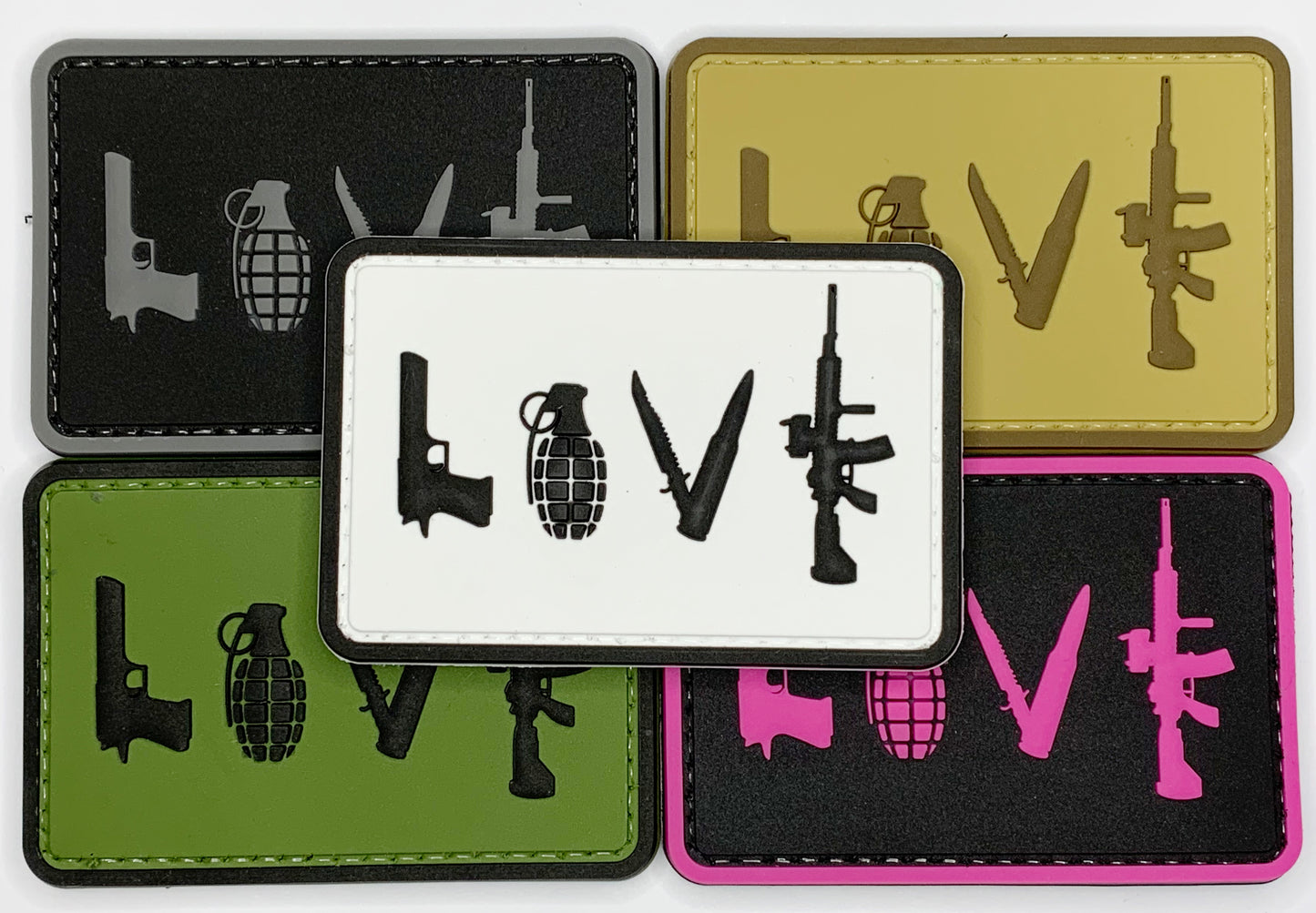 LOVE - Pistol Grenade Knife Rifle PVC Patch, Velcro backed Badge. Great for attaching to your field gear, jackets, shirts, pants, jeans, hats or even create your own patch board.  Size: 7.5x5cm