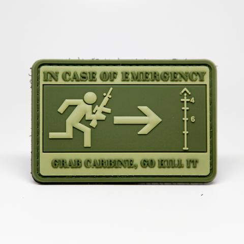 In Case of Emergency, Grab Carbine, Go Kill it PVC Patch, Velcro backed Badge. Great for attaching to your field gear, jackets, shirts, pants, jeans, hats or even create your own patch board.  Size: 7.5x5cm