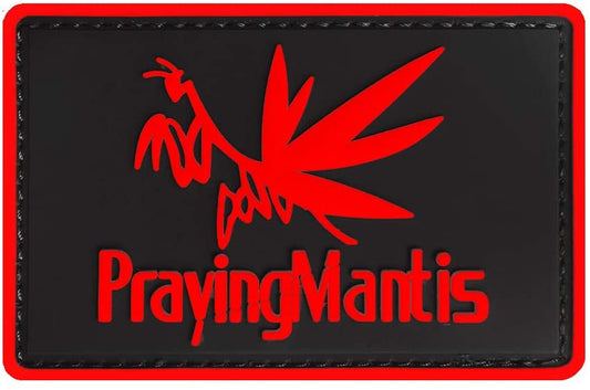 Praying Mantis PVC Patch Red, Velcro backed Badge. Great for attaching to your field gear, jackets, shirts, pants, jeans, hats or even create your own patch board.  Size: 7x5cm