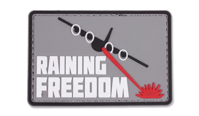 Raining Freedom PVC Patch, Velcro backed Badge. Great for attaching to your field gear, jackets, shirts, pants, jeans, hats or even create your own patch board.  Size: 7.5x5cm