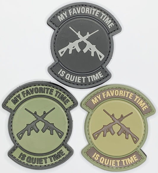 My Favorite Time is Quiet Time  PVC Patch, Velcro backed Badge. Great for attaching to your field gear, jackets, shirts, pants, jeans, hats or even create your own patch board.  Size: 7x6cm