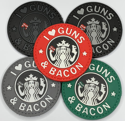 I Love Guns and Bacon PVC Patch, Velcro backed Badge. Great for attaching to your field gear, jackets, shirts, pants, jeans, hats or even create your own patch board.  Size: 6cm