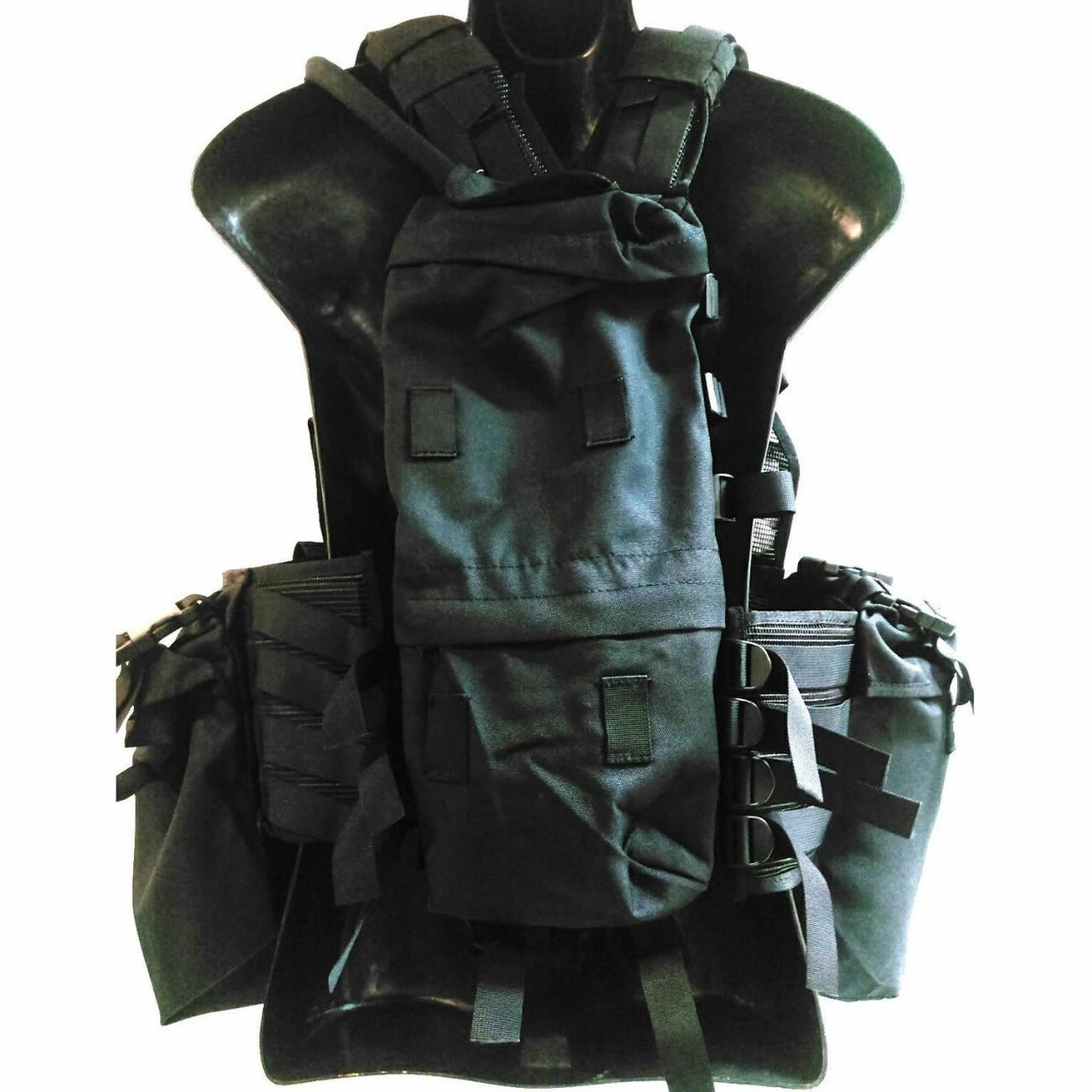 Based on the South African Military Vest  Fully adjustable shoulders  Multiple pockets  Hydration bladder pouch  Multiple ammunition pouches  Heavy duty 900D coats PU fabric