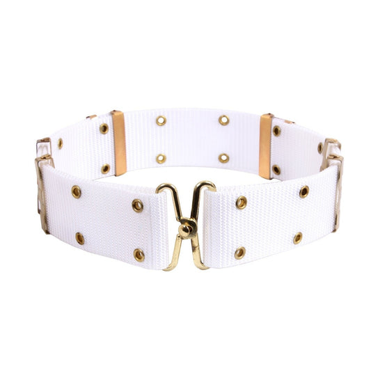 White Ceremonial Belt With Metal Buckles is constructed with a durable poly yarn with hook and eye closure.  Dimensions: 48 inches x 2.25 inches Material: Polyester, Metal Buckle: Gold, Brass www.moralepatches.com.au