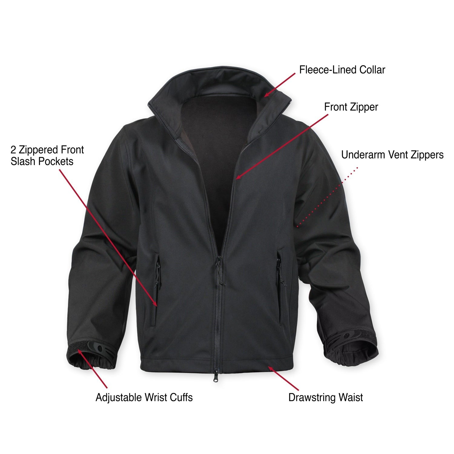 Versatile Tactical Jacket Features A Warm Fleece Lining And Waterproof Outer Shell 3-Layer Jacket Construction Deflects Wind, Wicks Away Moisture And Retains Body Heat Two Front Slash, Zippered Pockets For Storage Underarm Ventilation Zippers For Optimal Cooling Airflow Drawstring Waist And Elastic Wrist Cuffs Allows You To Adjust For A More Secure And Comfortable Fit