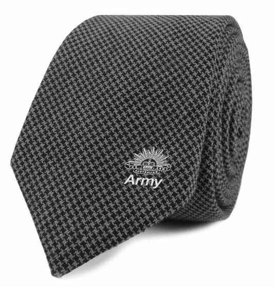 Australian Army branded tie with classic houndstooth pattern. It's a versatile and timeless addition to your wardrobe that shows your pride in Army. 100% polyester.