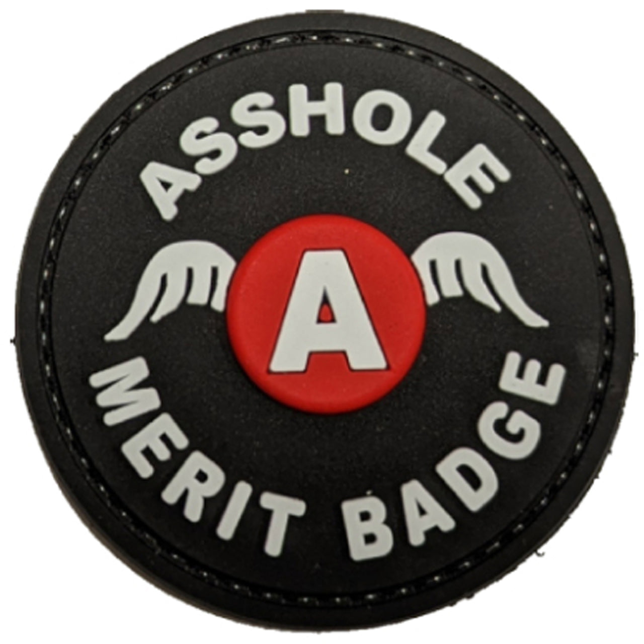 Asshole Merit Badge PVC Patch, Velcro backed Badge. Great for attaching to your field gear, jackets, shirts, pants, jeans, hats or even create your own patch board.  Size: 6cm