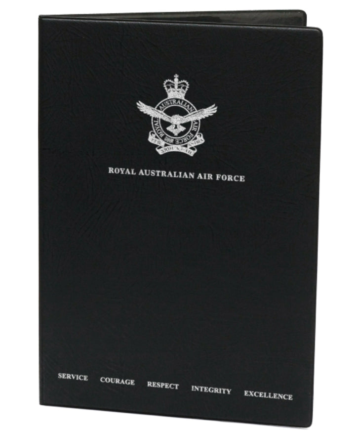 Black heavy grain leather look certificate folder with two plastic pockets on the inside cover. Air Force Badge and 2020 values printed in silver foil.