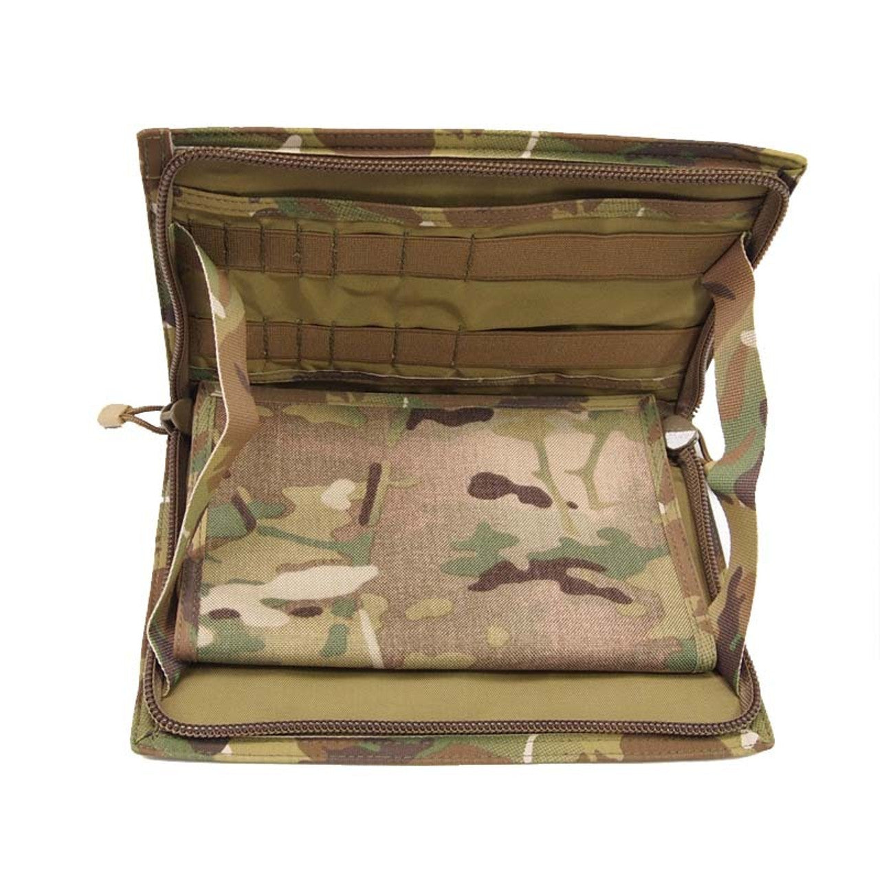 This Commander Panel allows the use of maps and other navigational items on a flat clean, protected surface. Six PALS columns wide on the front means there is sufficient space for the attachment of extra pouches. The Commander Panel also comes with a removable transparent map pouch and elastic loops to hold pens, compass, protractor etc. Specifications: Colour: Multicam Size: Large www.moralepatches.com.au