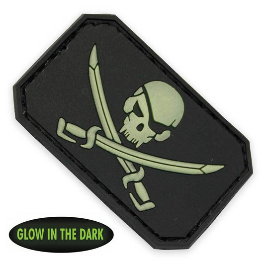 Pirate Skull PVC Patch Front Glow, Velcro backed Badge. Great for attaching to your field gear, jackets, shirts, pants, jeans, hats or even create your own patch board.  Size: 3x5cm