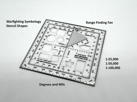 These protractors are digitally printed on the underside of 1.5mm thick plastic to avoid parallax error. They are then laser cut to an accuracy of +/- 0.25 mm.  Size: 120 x 120 x 1.5mm  Protractor: Degrees and Mils