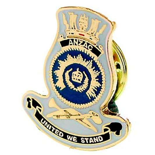 HMAS Anzac 20mm full colour enamel lapel pin. This beautiful gold plated lapel pin will look great on both you jacket or on your cap.