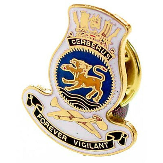 HMAS Cerberus 20mm full colour enamel lapel pin.  This beautiful gold plated lapel pin will look great on both you jacket or on your cap.