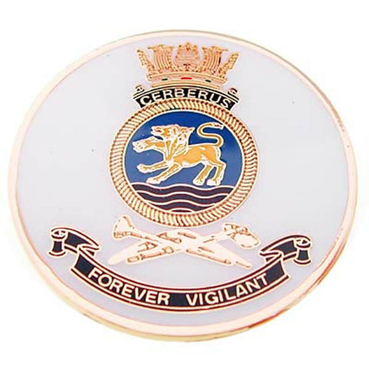 HMAS Cerberus medallion. This spectacular 48mm full colour enamel medallion with the ships crest on the front and ships profile on the revers, will start conversations wherever you show it or hand it out. www.moralepatches.com.au