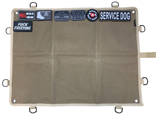 Patch display is made of 1000D nylon and hook & loop securing surface, easy fasten and remove your patches.  The morale patch panel is store and keep patches organized. Perfect display for all of your tactical, military, ID, PVC, and fabric patches.  D-rings and nickel plated eyelets  make easy hang the patch panel up on your wall for display.  Size: 45.5x64.4cm. Fold it or roll it up and secure it with the velcro strap. www.moralepatches.com.au