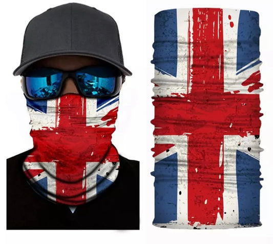 Fitted UK FLAG Face Bandana or Neck Gaiter. They are made from Microfiber Polyester which makes them very lightweight and very comfortable to wear. Because the material is so thin, it is very easy to breathe when you use as face cover.