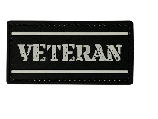 Veteran PVC Patch BLACK, Velcro backed Badge. Great for attaching to your field gear, jackets, shirts, pants, jeans, hats or even create your own patch board.  Size: 8X4cm